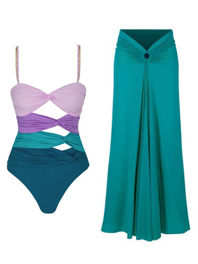 Color Block One Piece Swimsuit And Sarong