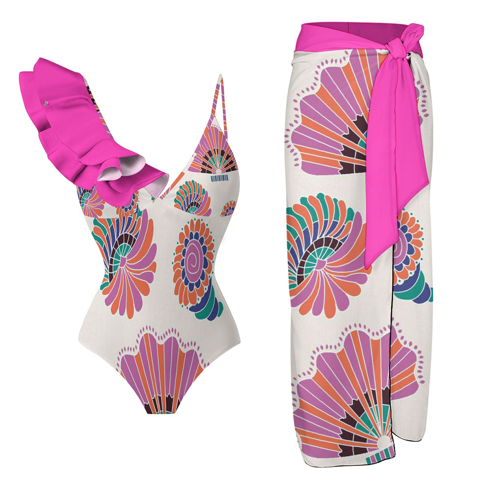 Women's One Shoulder Ruffle One Piece Swimsuit with Matching Sarong Sk