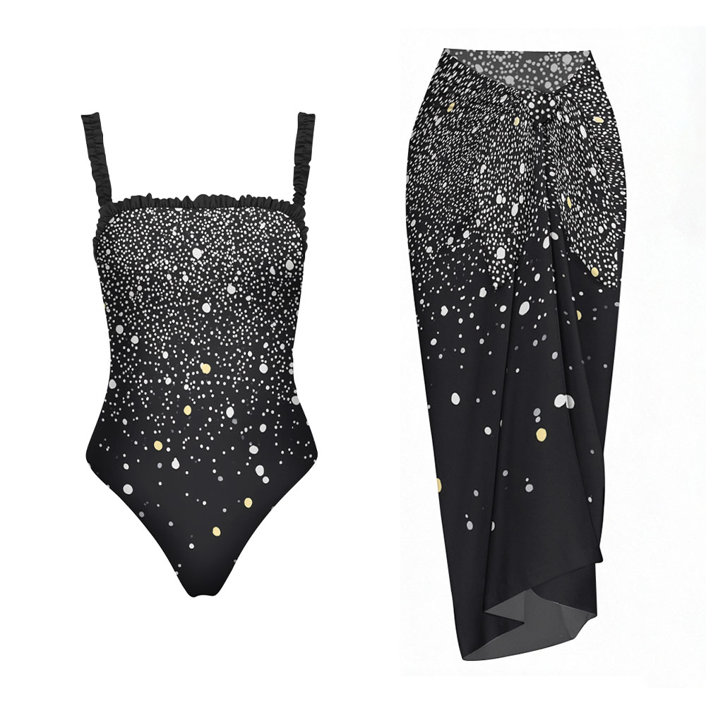 Ruffled Strap Retro Polka Dot One-Piece Swimsuit with Matching Sarong Skirt