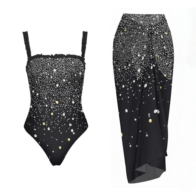 Ruffled Strap Retro Polka Dot One-Piece Swimsuit with Matching Sarong Skirt
