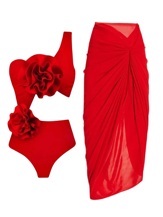 3D Flower Cutout Red One Piece Swimsuit and Sarong