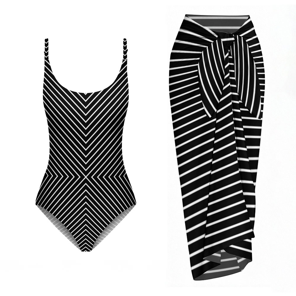 Scoop Neck Striped Swimsuit and Matching Wrap Skirt
