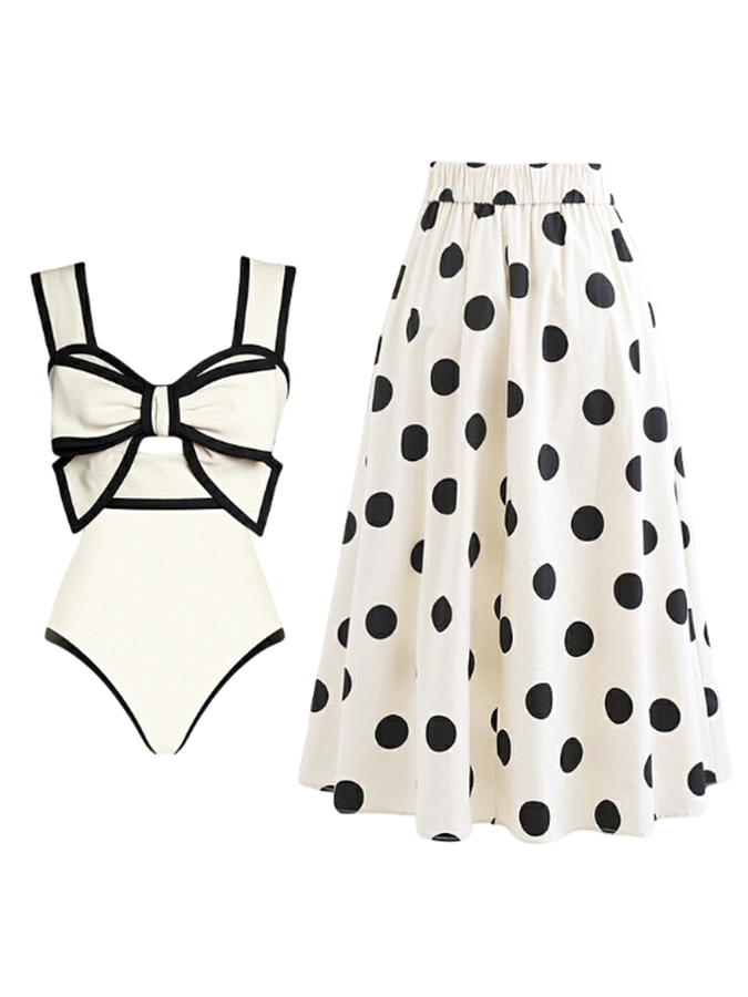 Black and White Bow Decor One Piece Swimsuit and Skirt