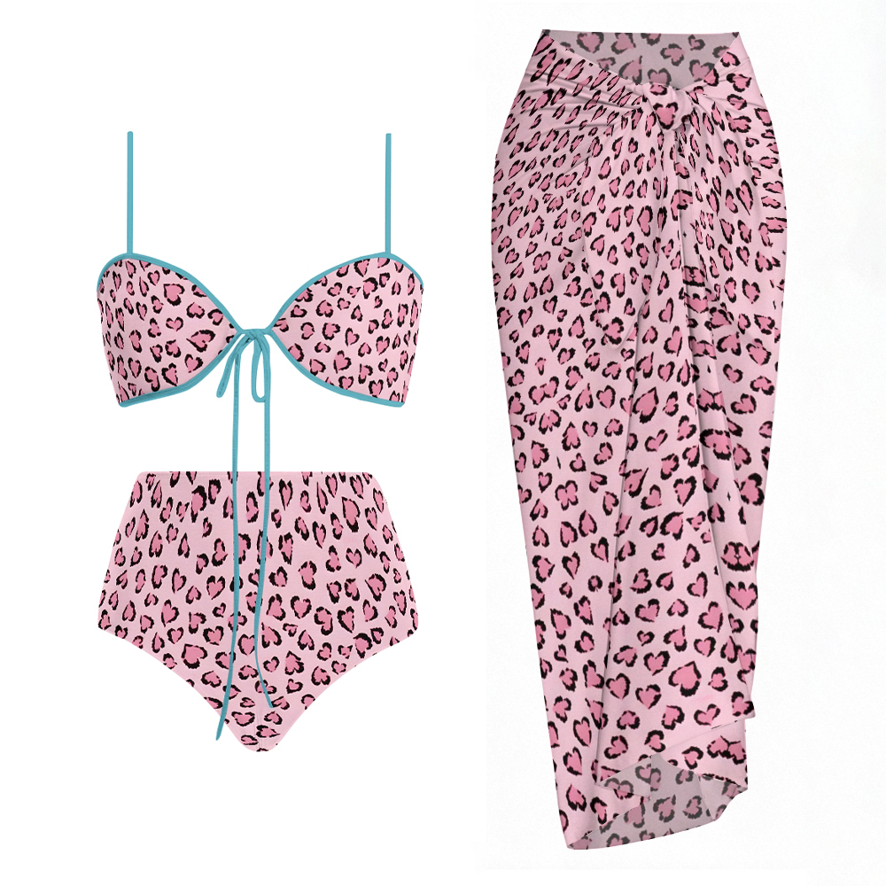 Strappy Wild Pink Leopard Two-Piece Bikini Set with Matching Sarong Skirt