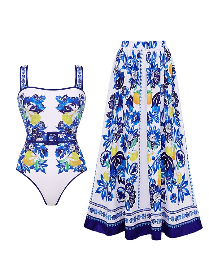 Reversible Tie-shoulder Lemon and Creative Pattern Print Bikini Swimsuit and Skirt