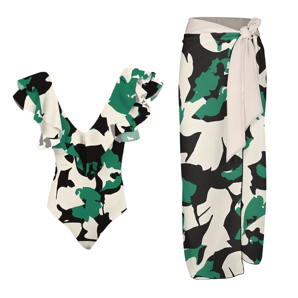 Ruffled Camouflage Print V-Neck One-Piece Swimsuit and Sarong Skirt