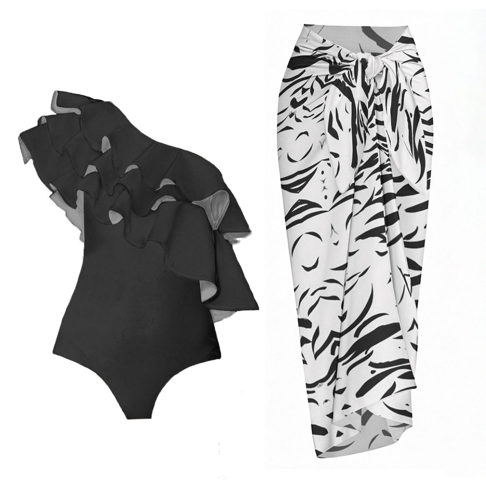 Black One-Shoulder Ruffle One-Piece Swimsuit with Artistic Sarong Skirt