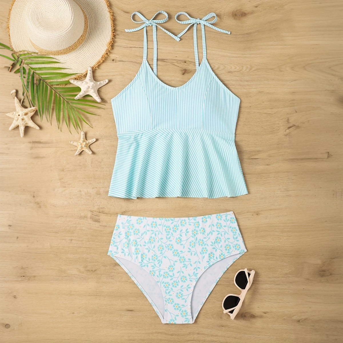 Floral High Waist Bikini Bottoms with Ruffled Tankini Stripe Top