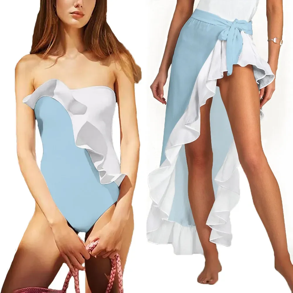 Black & White Contrast Ruffle One-Piece Swimsuit with Matching Slit Skirt