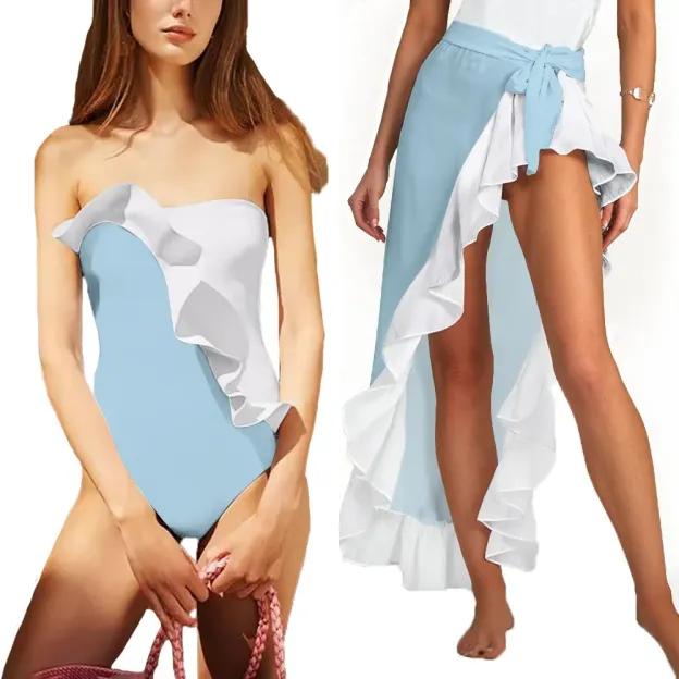 Black & White Contrast Ruffle One-Piece Swimsuit with Matching Slit Skirt