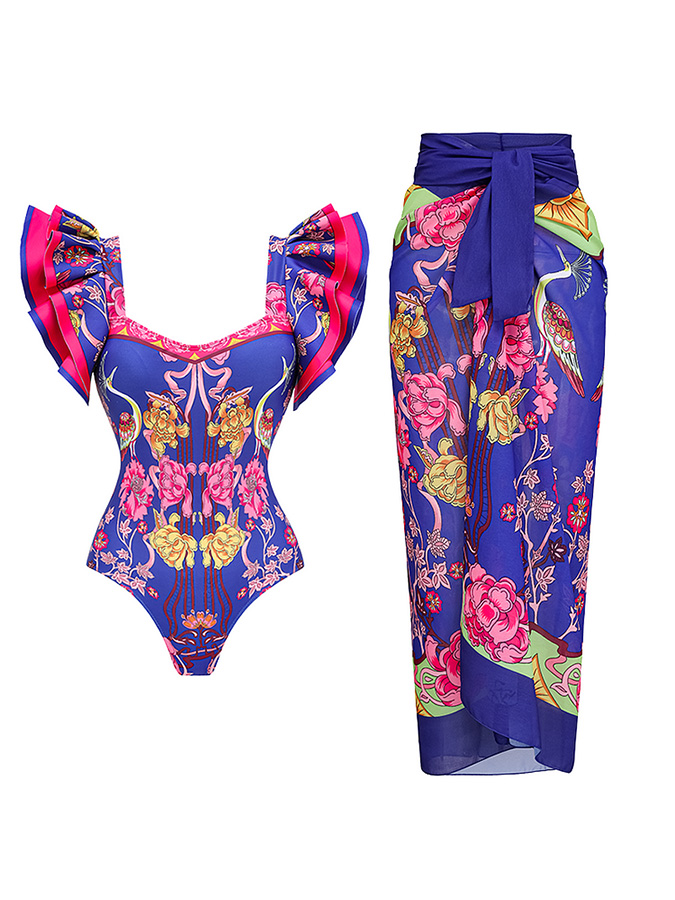Ruffle Floral and Crane Pattern Print One Piece Swimsuit and Sarong