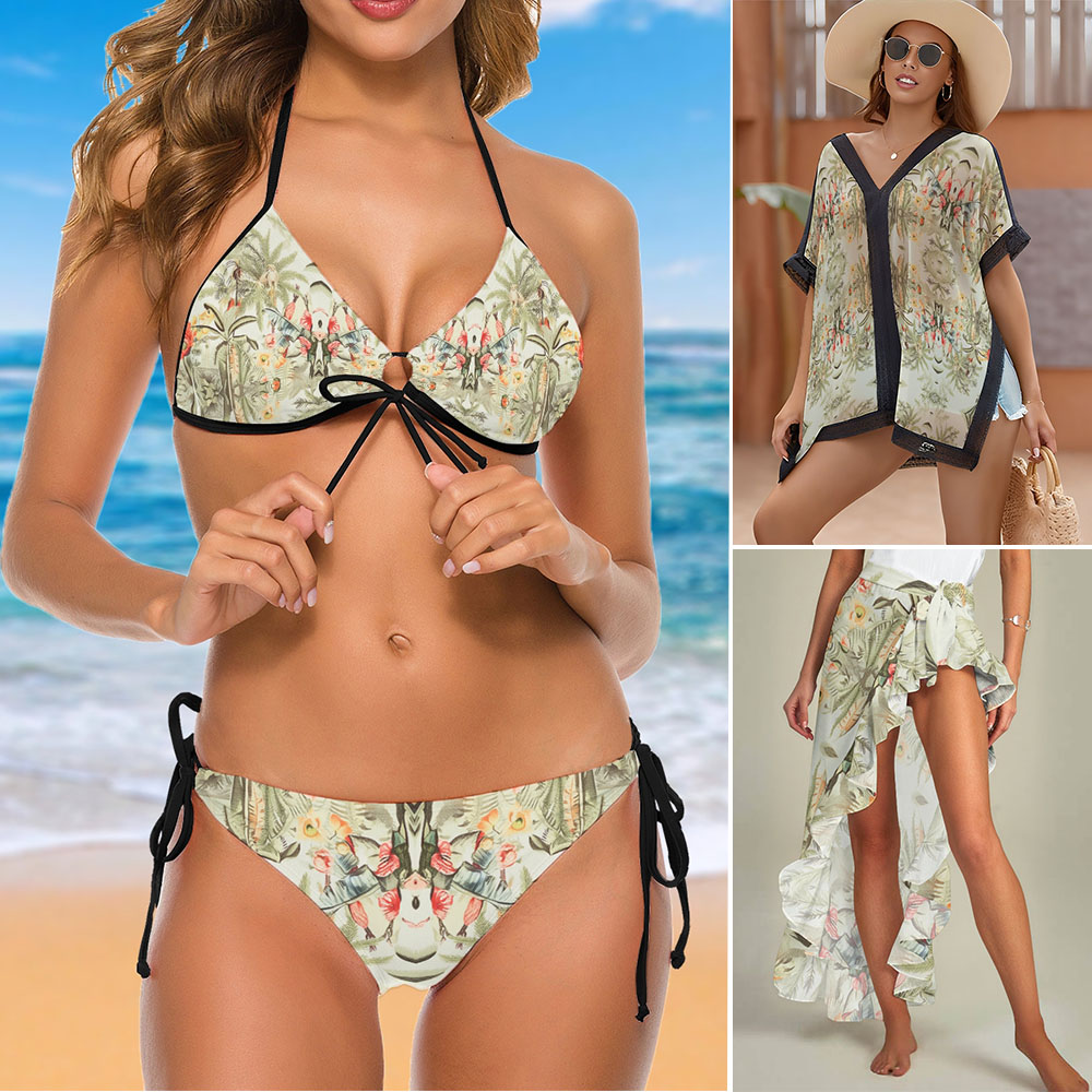 Tropical Floral 3-Piece Bikini Swimsuit with Matching Cover-Up and Wrap Skirt