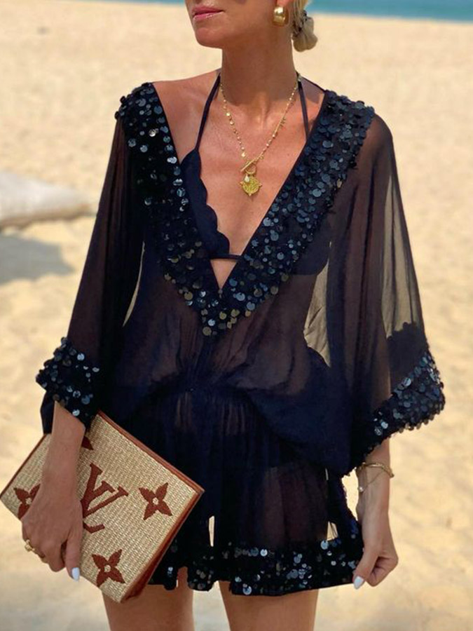 Black V Neck Sequin Decorate Kaftan