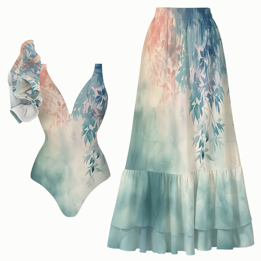 Pastel Leafy Gradient Ruffled One-Piece Swimsuit and Tiered Maxi Skirt