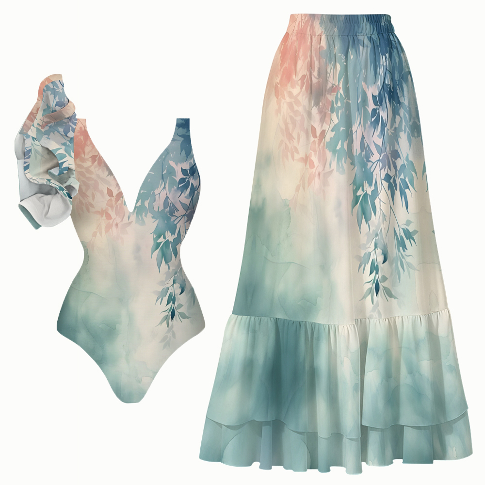 Pastel Leafy Gradient Ruffled One-Piece Swimsuit and Tiered Maxi Skirt