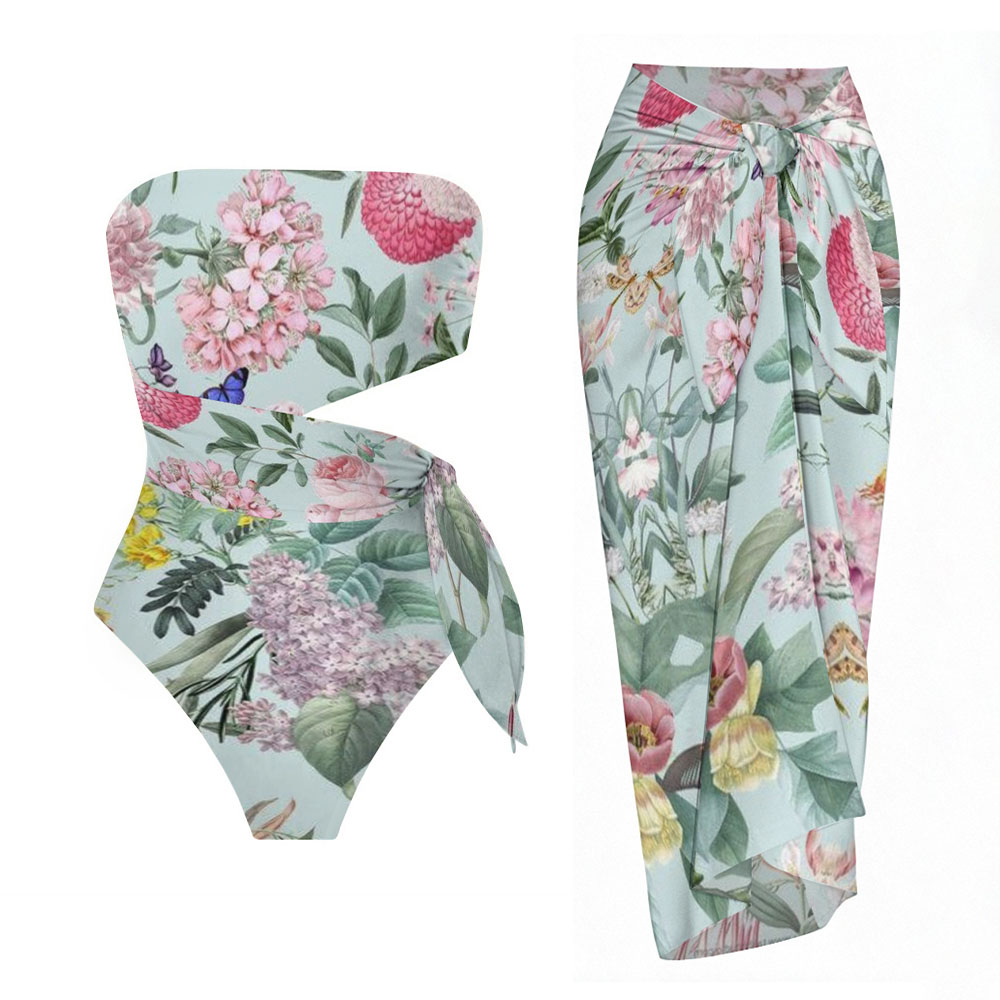 Strapless Floral Side Cutout One-Piece Swimsuit and Matching Sarong
