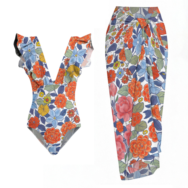 Deep V Floral Ruffle Strap One Piece Swimsuit with Matching Wrap Skirt