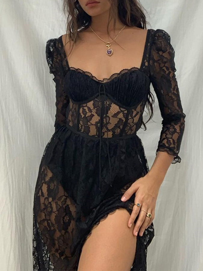 See-through Lace Square Neck Sexy Slit Slim Dress