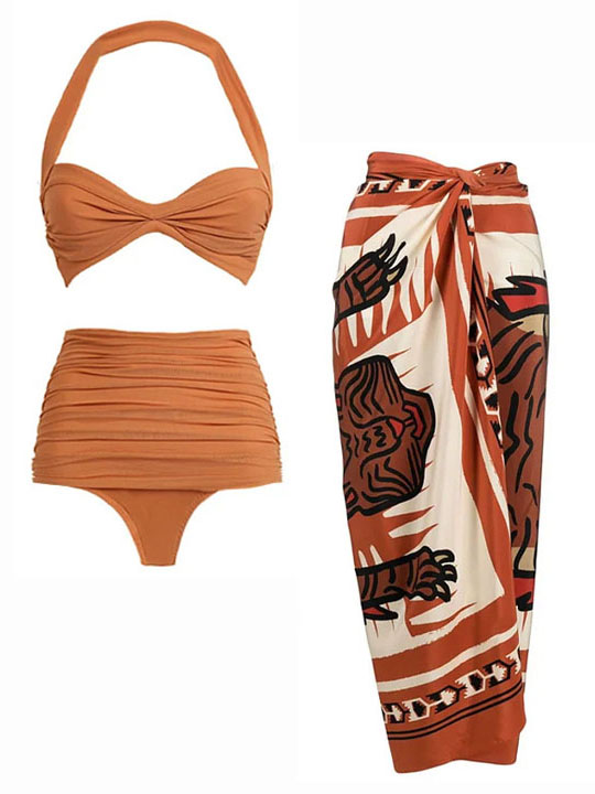 Caramel Halter Ruched High-Waist Bikini with Ethnic Tiger Print Wrap Skirt Set
