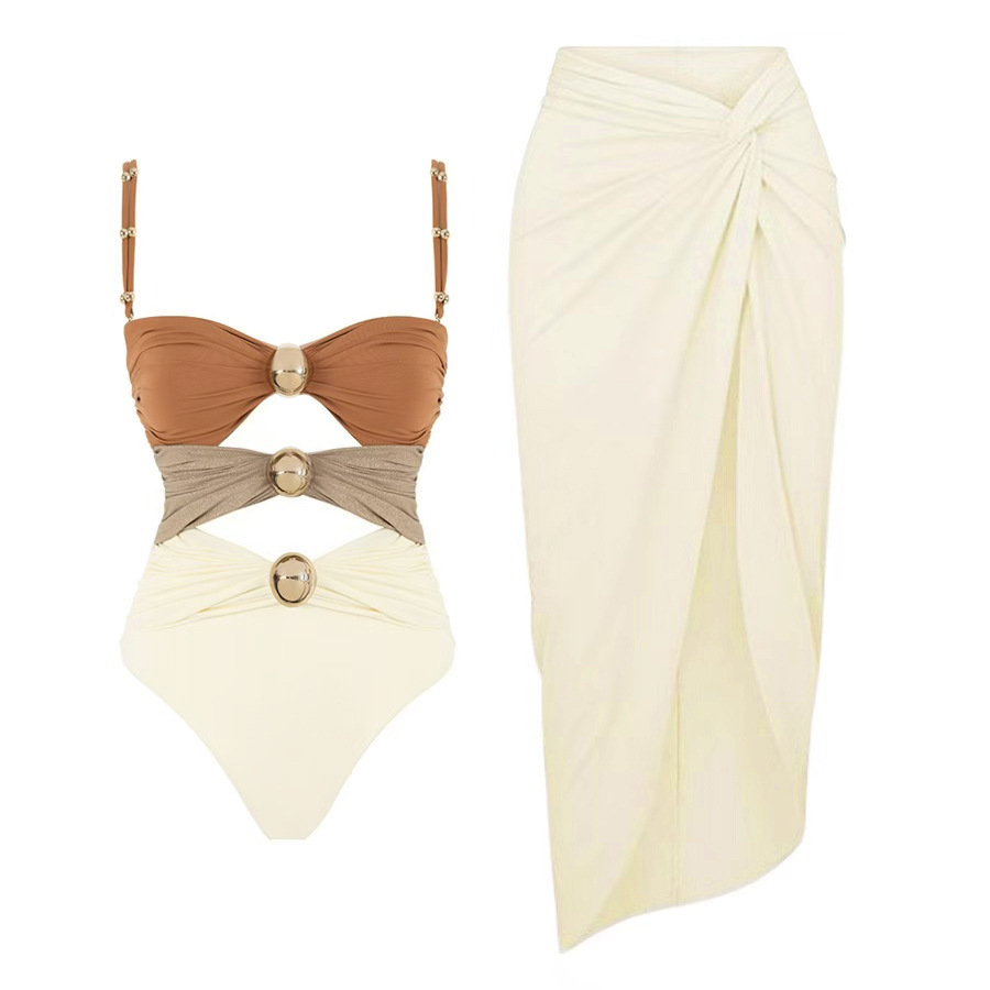 Colorblock One Piece Swimsuit with Gold Accents Detail and Matching Wrap Skirt