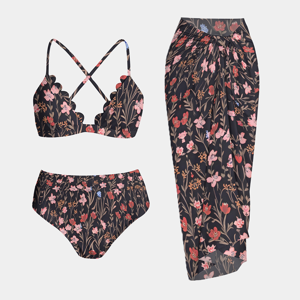 Scalloped Bikini Top High Waist Bottom and Sarong Three Piece Set