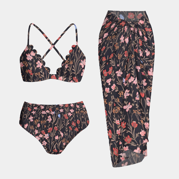 Scalloped Bikini Top High Waist Bottom and Sarong Three Piece Set