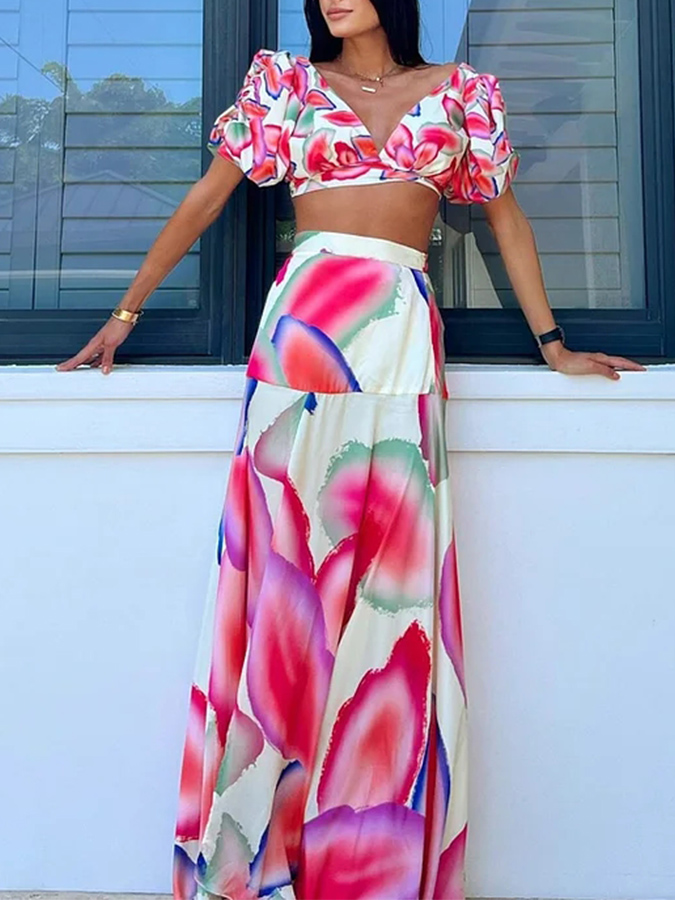 Floral Printed Puff Sleeves Bikini Swimsuit and Skirt