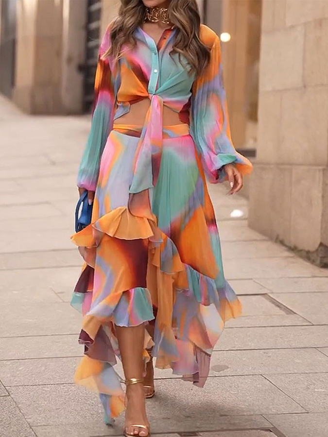 Tie-dye Long Sleeves Shirt and Skirt Two Pieces Sets