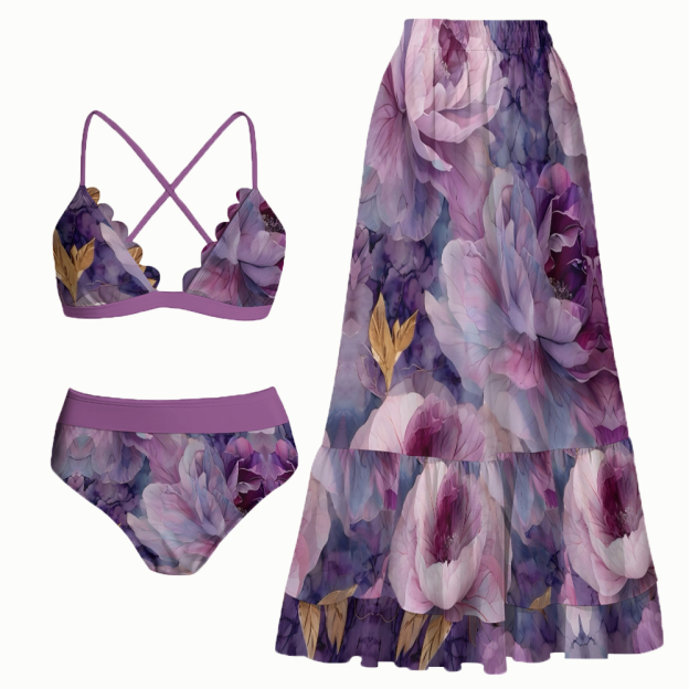 Artistic Floral Crisscross Bikini Set with Matching Tiered Maxi Skirt