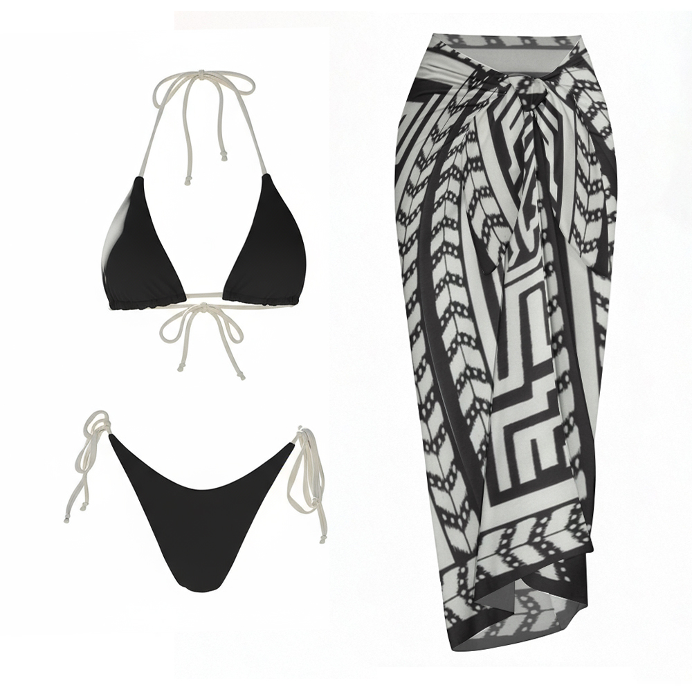 Black Triangle Side Tie Two-Piece Bikini Set with Geometric Sarong Skirt