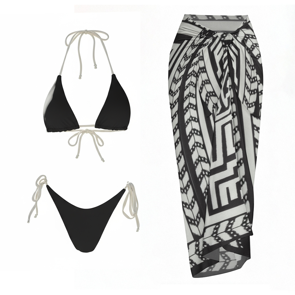 Black Triangle Side Tie Two-Piece Bikini Set with Geometric Sarong Ski