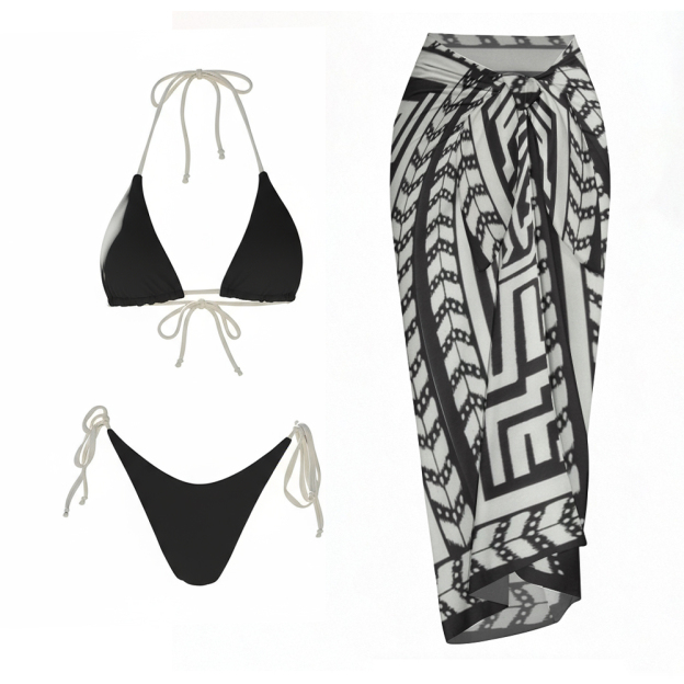 Black Triangle Side Tie Two-Piece Bikini Set with Geometric Sarong Skirt