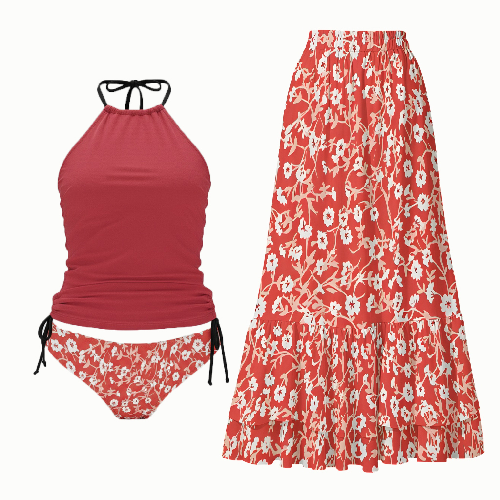 Three Piece Bikini Set with Solid Top Floral Bottom and Maxi Skirt