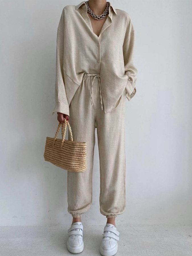 Long Sleeves Solid Shirt and Pants Sets