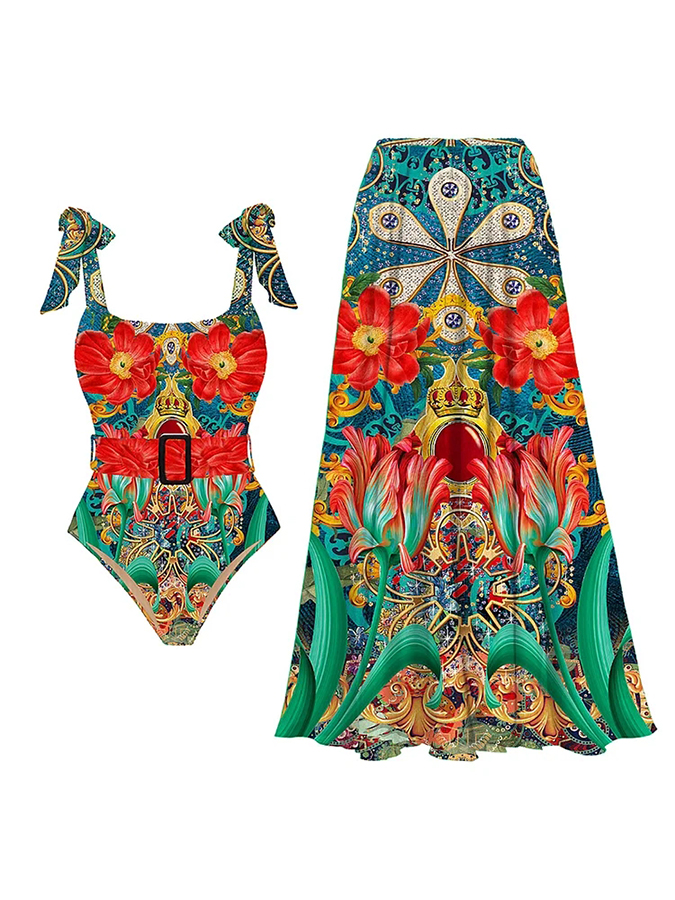 Gem and Flowers Printed One Piece Swimsuit and Skirt