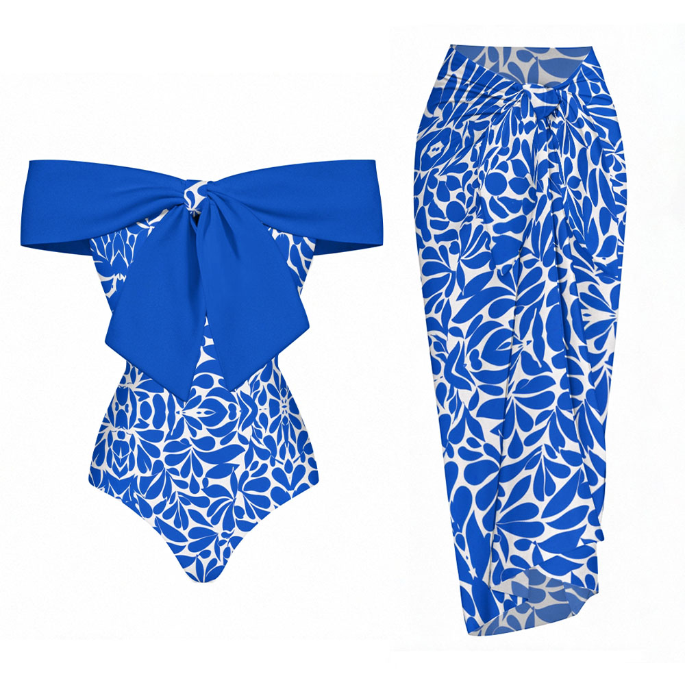 Floral Bow Bow-Tied One-Piece Swimsuit With Matching Sarong