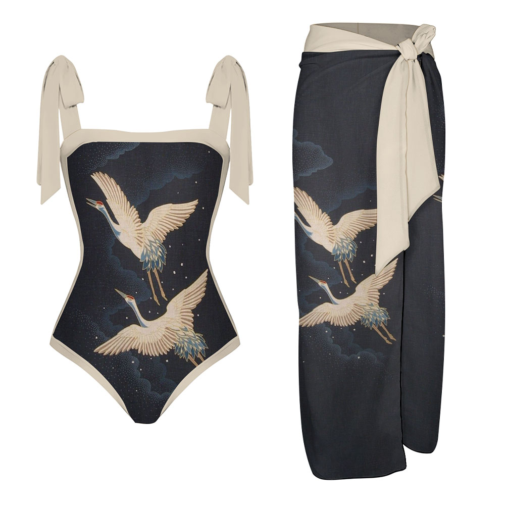 Women's Crane Print One-Piece Swimsuit with Matching Sarong Skirt