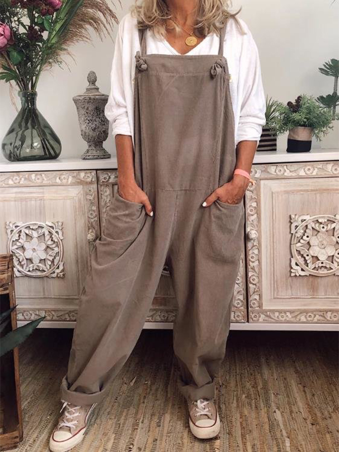 Casual Solid Vintage Pockets Jumpsuits