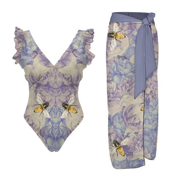 Women's Floral and Bee Print Ruffle Straps One Piece Swimsuit Matching Sarong Skirt