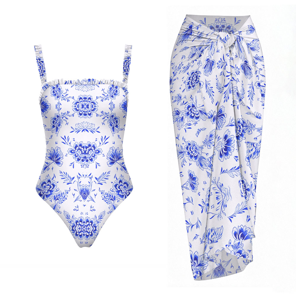 Blue Floral Print Straight Neckline One-Piece Swimsuit and Sarong Skirt