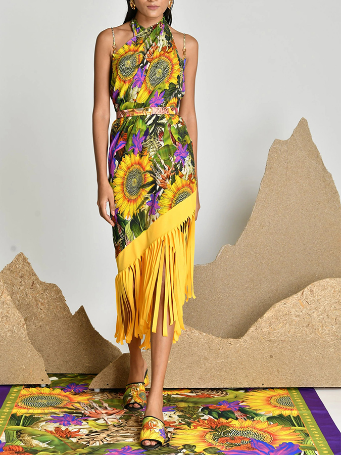 Sunflower Printed One Piece Swimsuit and Cover-up