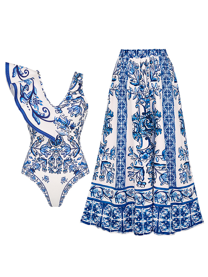 Ruffle Blue and White Porcelain Pattern Majolica Print One Piece Swimsuit and Skirt or Sarong