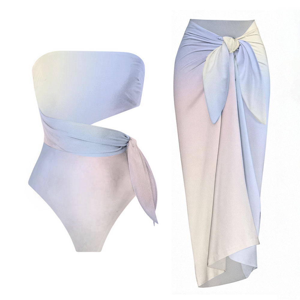 Elegant Gradient Side Knot Detail One-Piece Swimsuit and Sarong Skirt