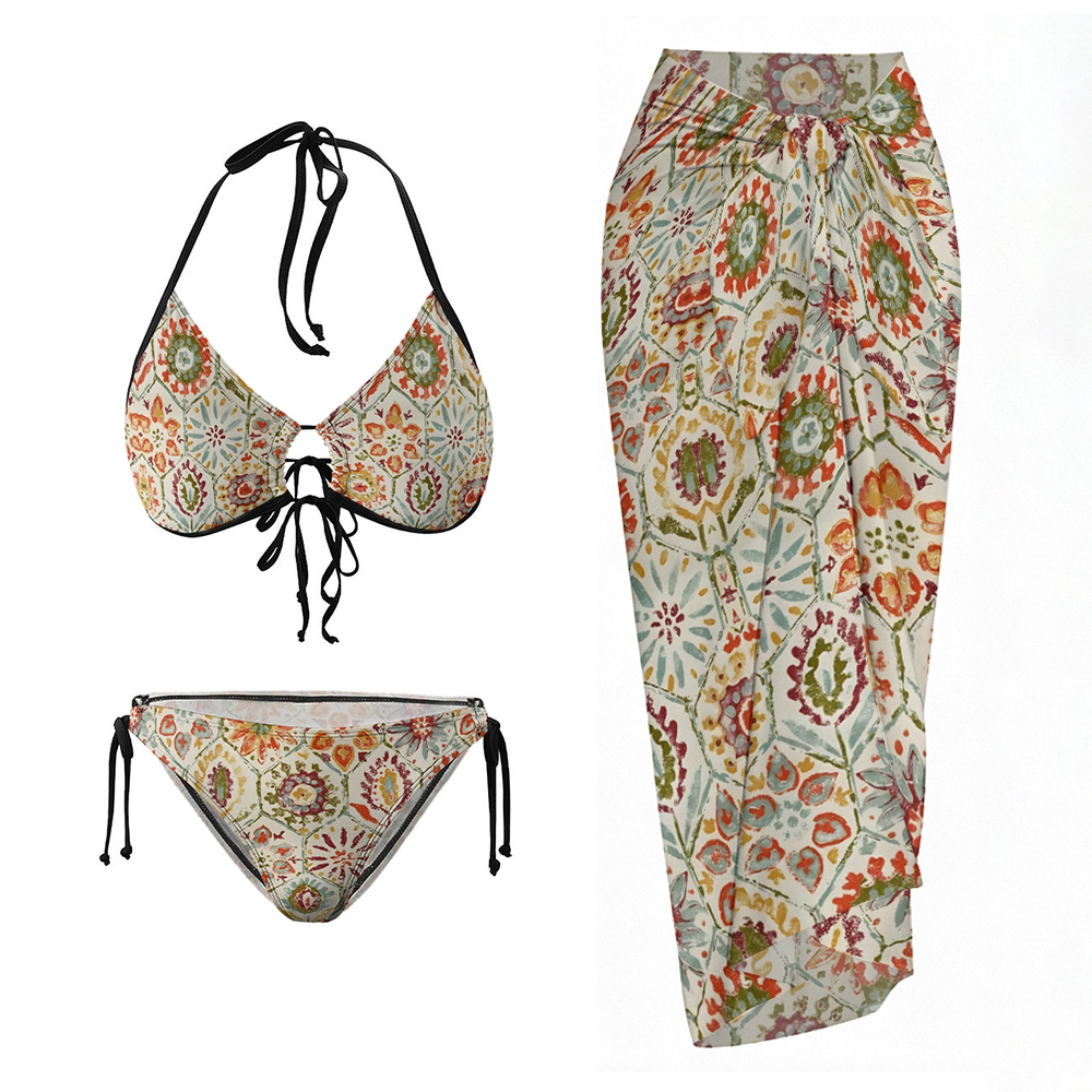 Retro Boho Halter Tie Bikini 3-Piece Set with Matching Sarong Skirt