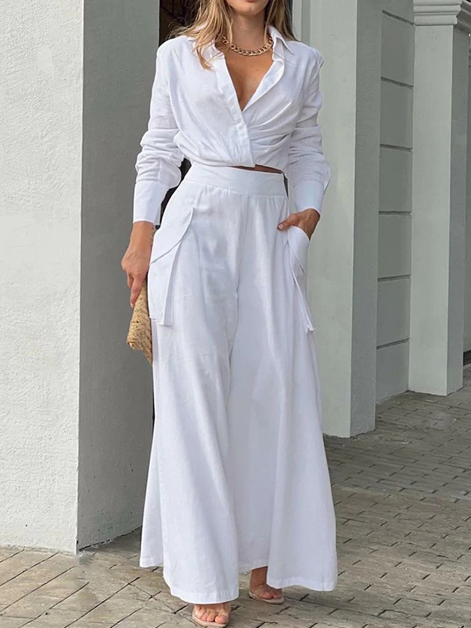 Solid Long Sleeves Shirt and Pockets Wide-leg Pants Sets