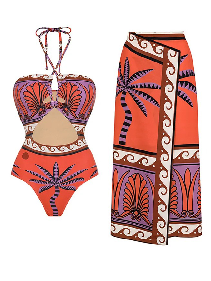 One Shoulder Ruffle Printed Bikini Swimsuit and Skirt