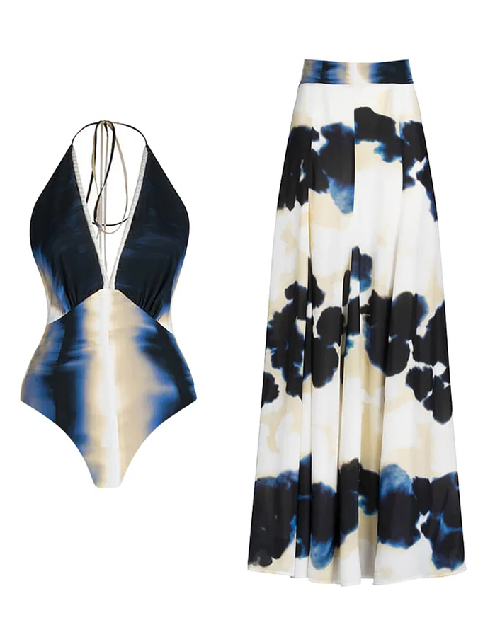 Tie Dye Gradient Printed One Piece Swimsuit and Skirt