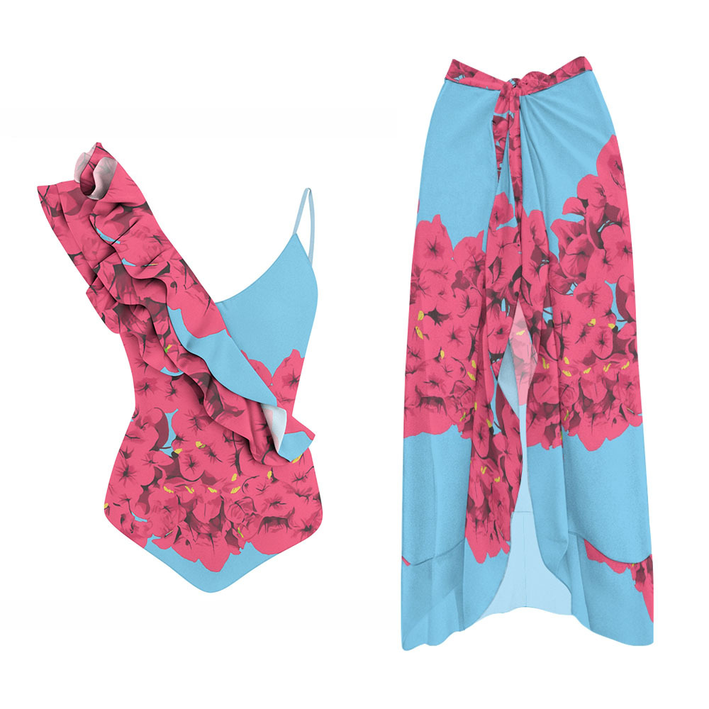 Ruffled Asymmetrical One-Piece Swimsuit with Floral Sarong Skirt