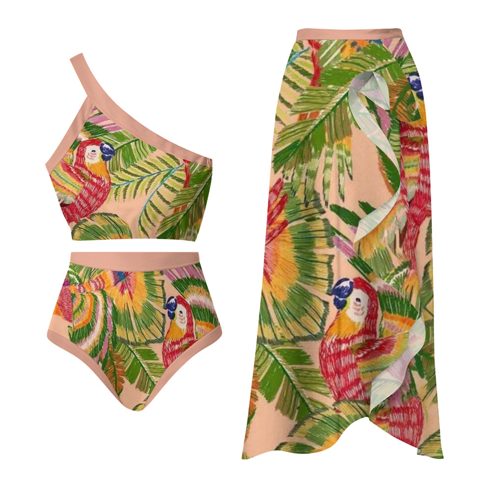 Women's Tropical One-Shoulder Bikini Set with Parrot Print and Matching Skirt