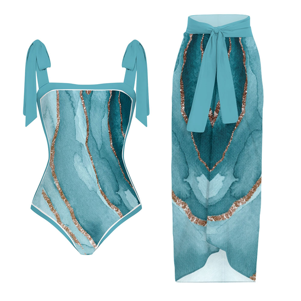 Women's Watercolor Shoulder Tie Straps One Piece Swimsuit Matching Sarong Skirt